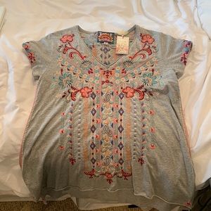 Johnny Was embroidered knit drape top.